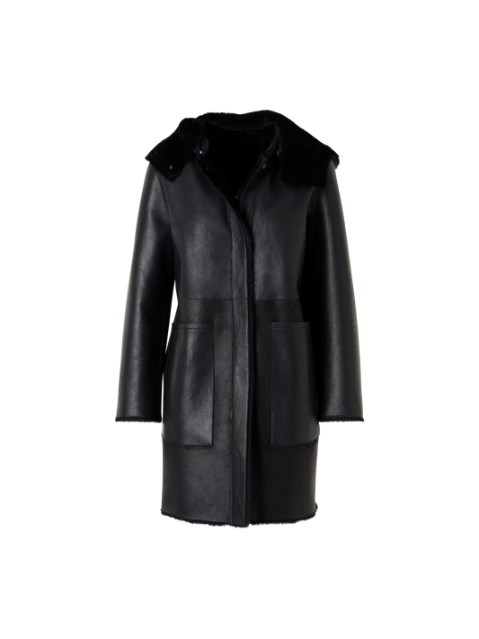 Designer Wendbarer Lamm-Shearling-Mantel mit Kapuze - Schwarz