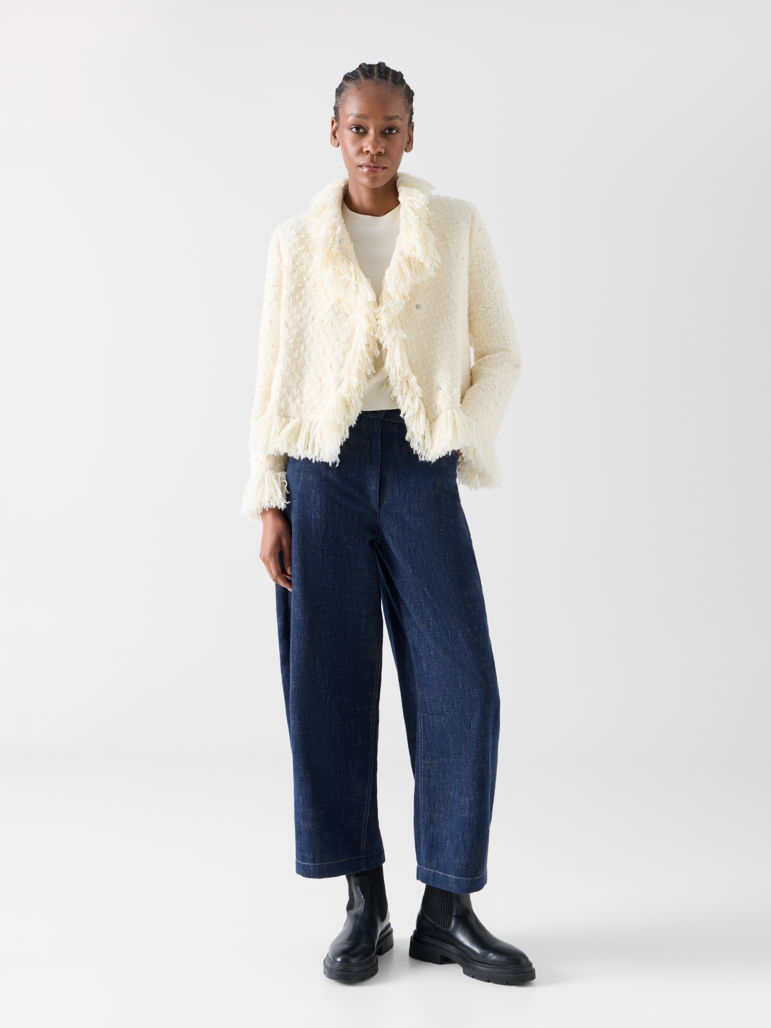 Designer Tweedjacke mit Fransenkanten - Ecru 