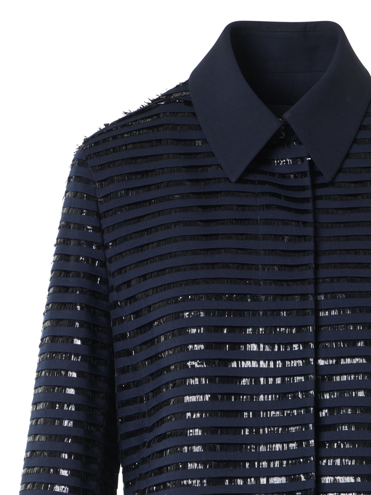 Designer Kurze Jacke aus Wolle mit Lamé Fransen-Stickerei - Dunkelblau