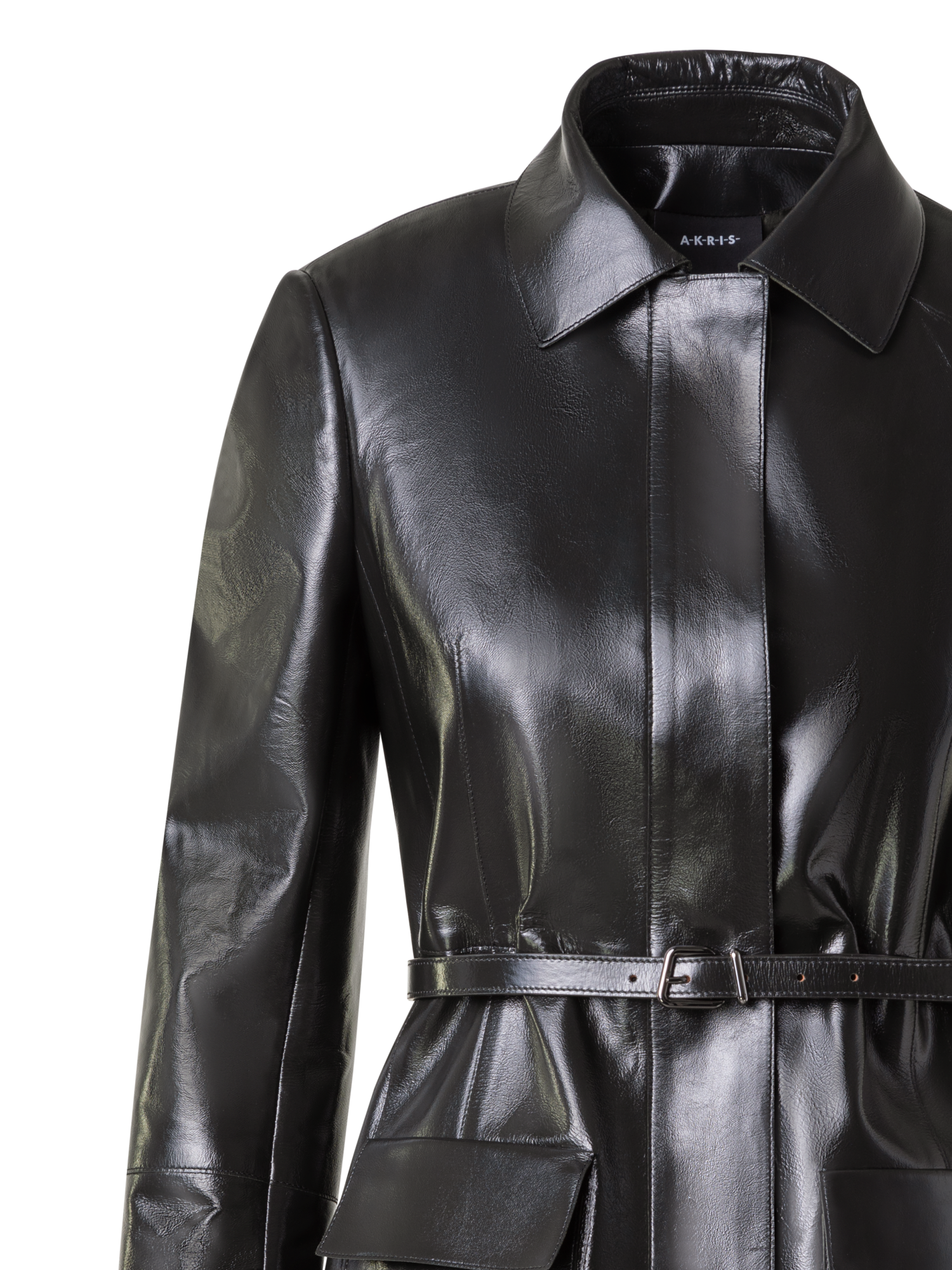 Designer Fitted Lacquer Leather Jacket with Belt - Grün