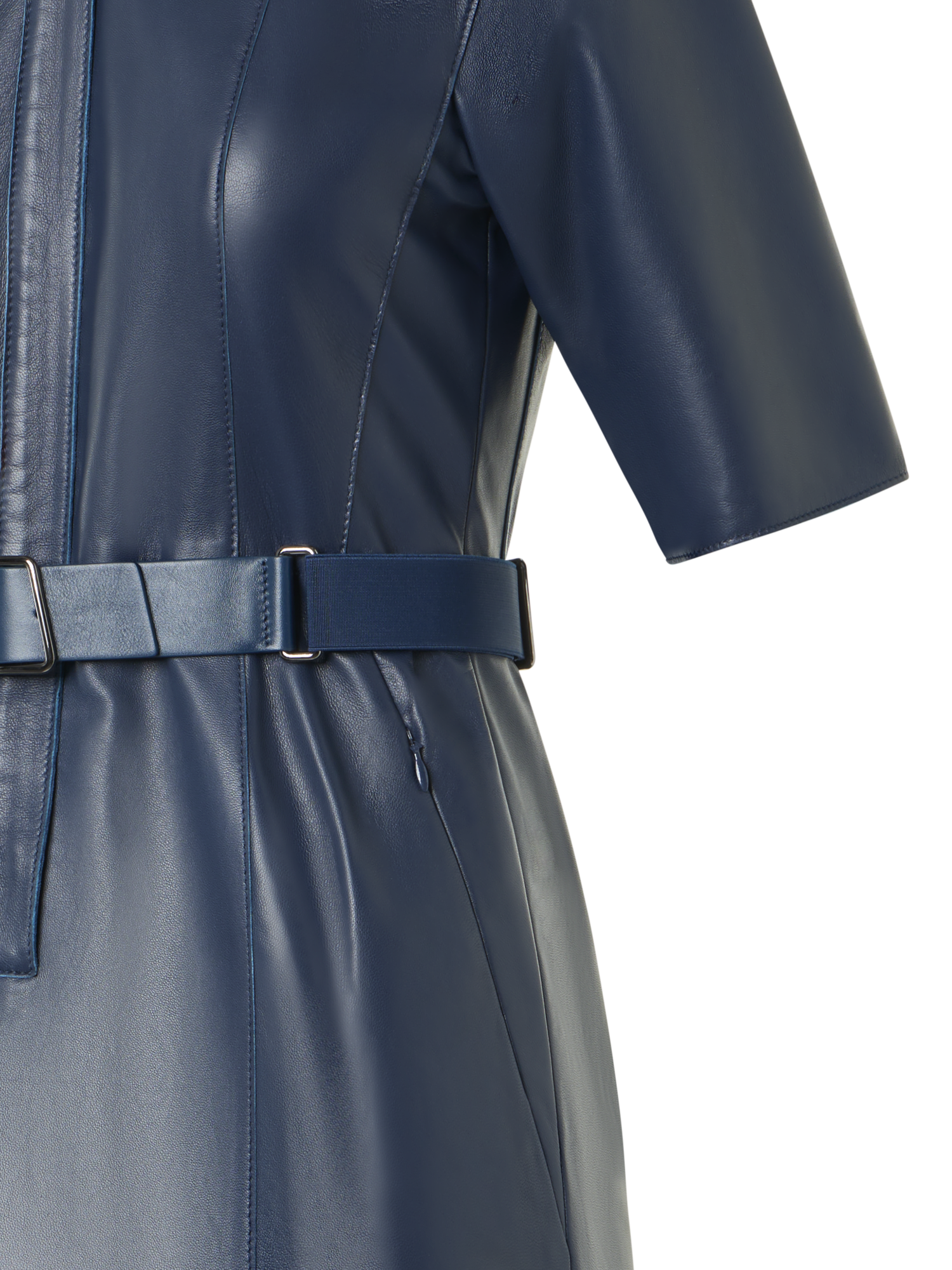 Designer Kurzarm-Hemdkleid aus Leder - Blau