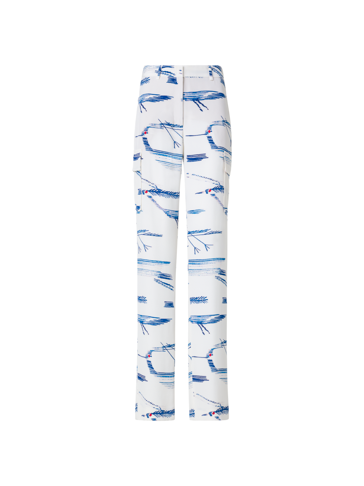Designer Seiden-Cargo-Hose mit Kasuri Birds Druck - Blau - Bunt - Ecru - Weiss