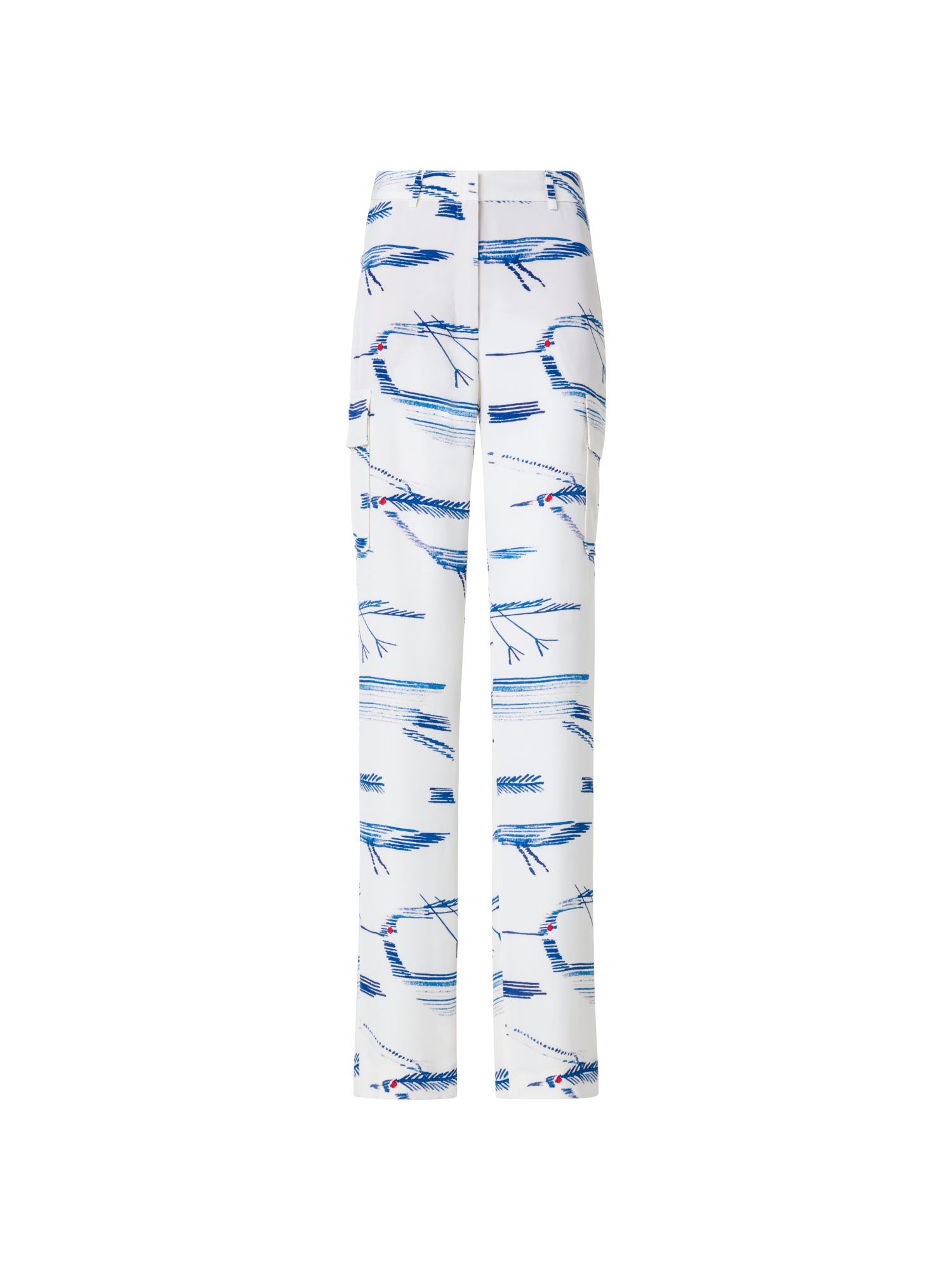 Designer Seiden-Cargo-Hose mit Kasuri Birds Druck - Blau - Bunt - Ecru - Weiss