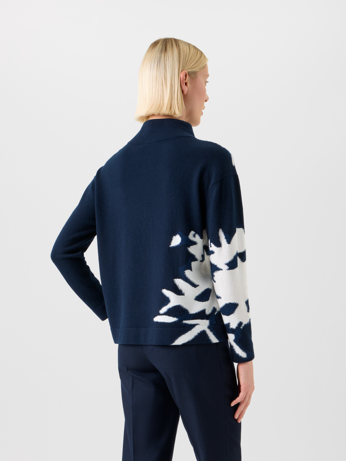 Designer Kaschmir Wildflower Intarsia Stehkragen Pulli - Dunkelblau - Blau - Bunt #editorial