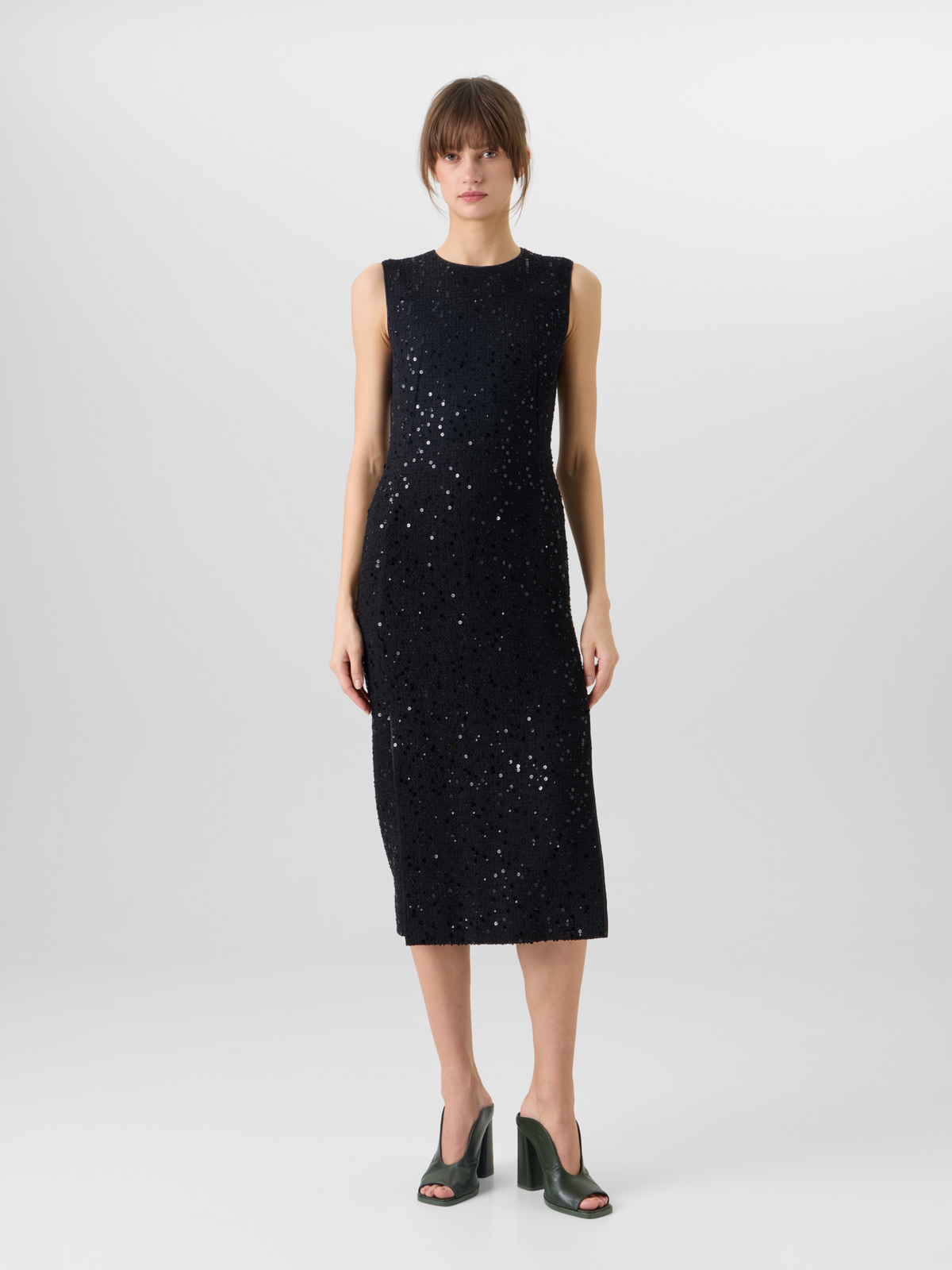 Designer Ärmelloses Midi-Etuikleid aus Baumwoll-Woll-Tweed mit Pailletten - Schwarz #editorial