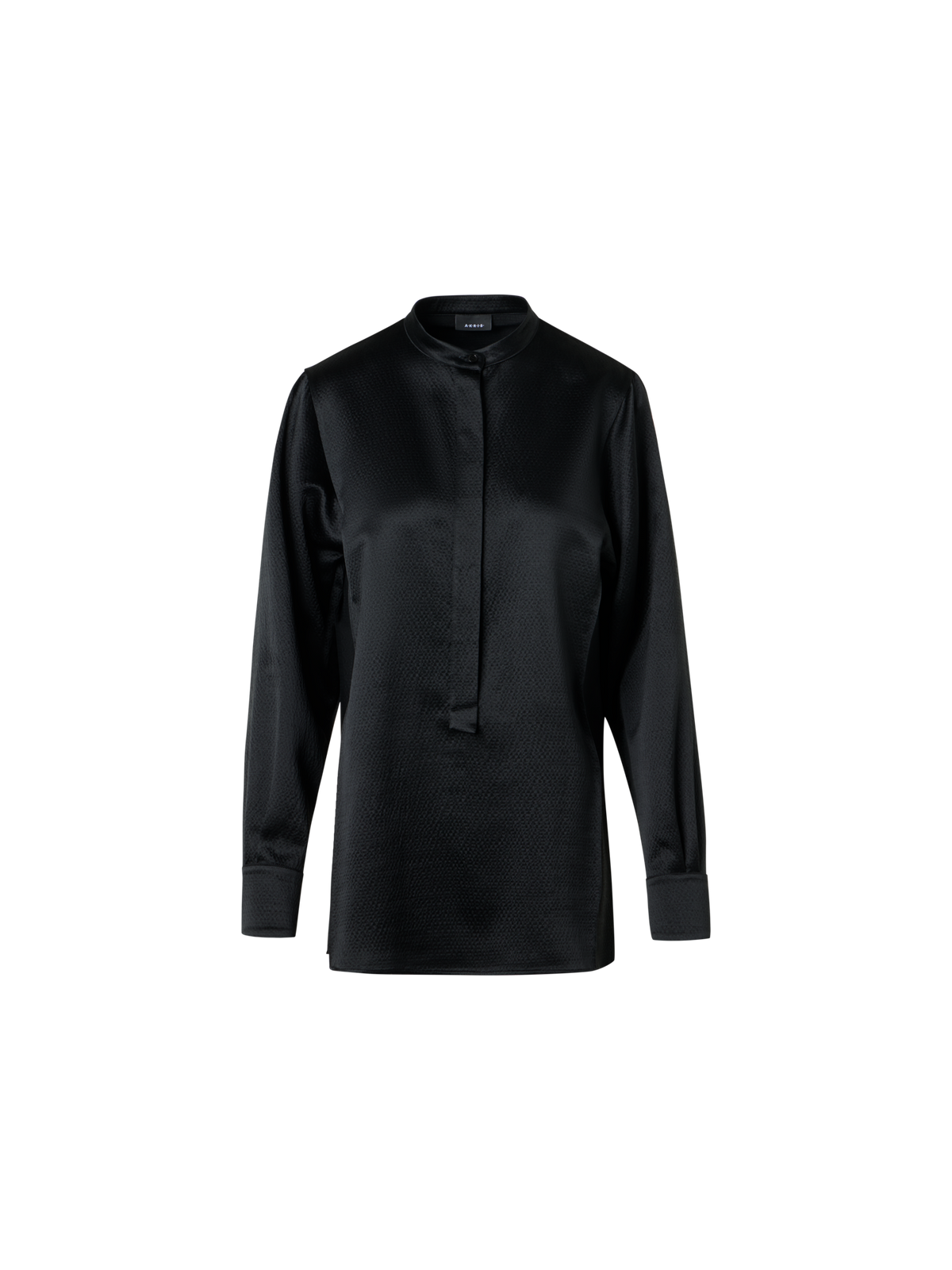 Designer Schlanke Tunika-Bluse aus gehämmertem Seiden-Wollsatin - Schwarz