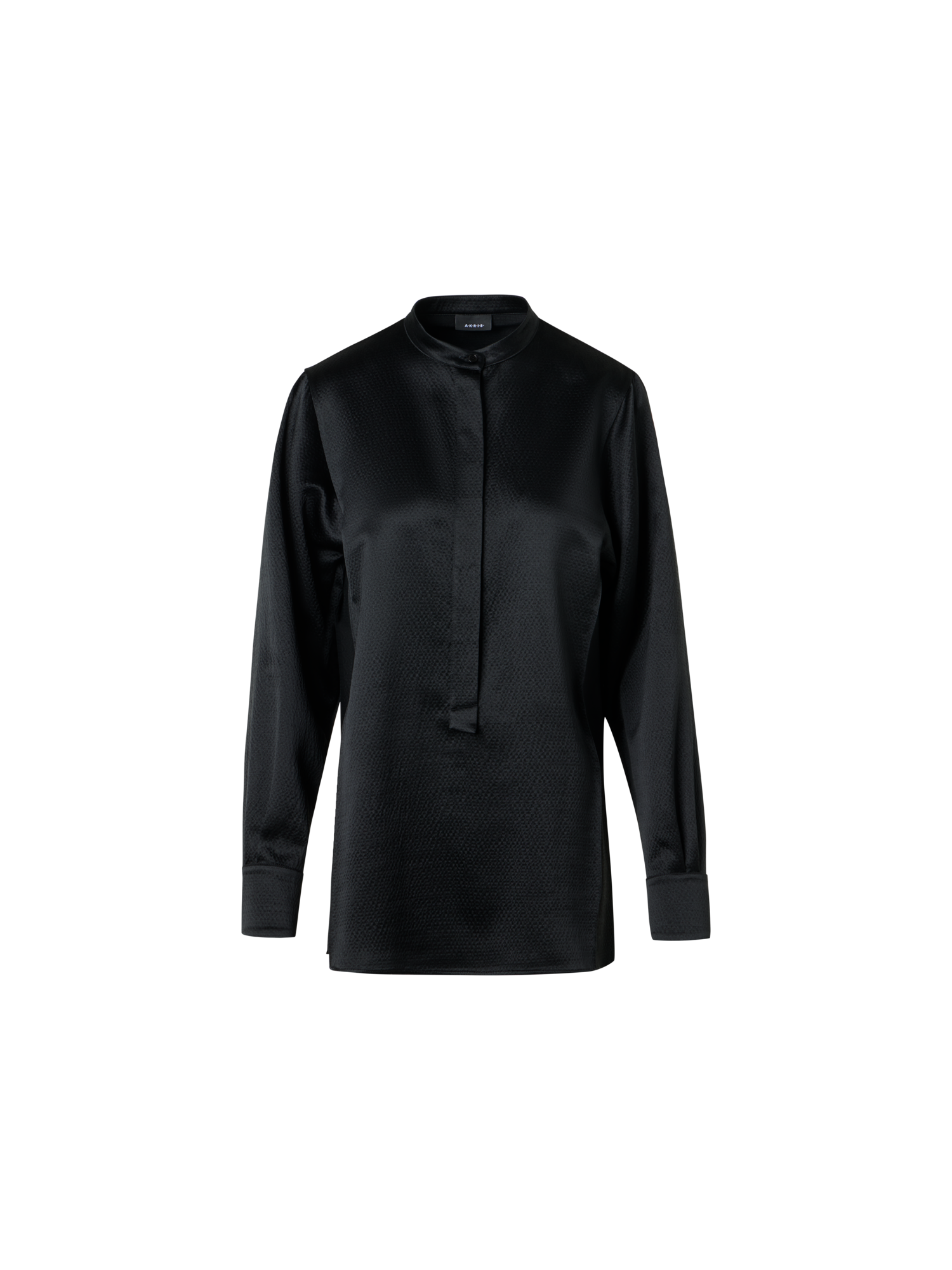 Designer Schlanke Tunika-Bluse aus gehämmertem Seiden-Wollsatin - Schwarz