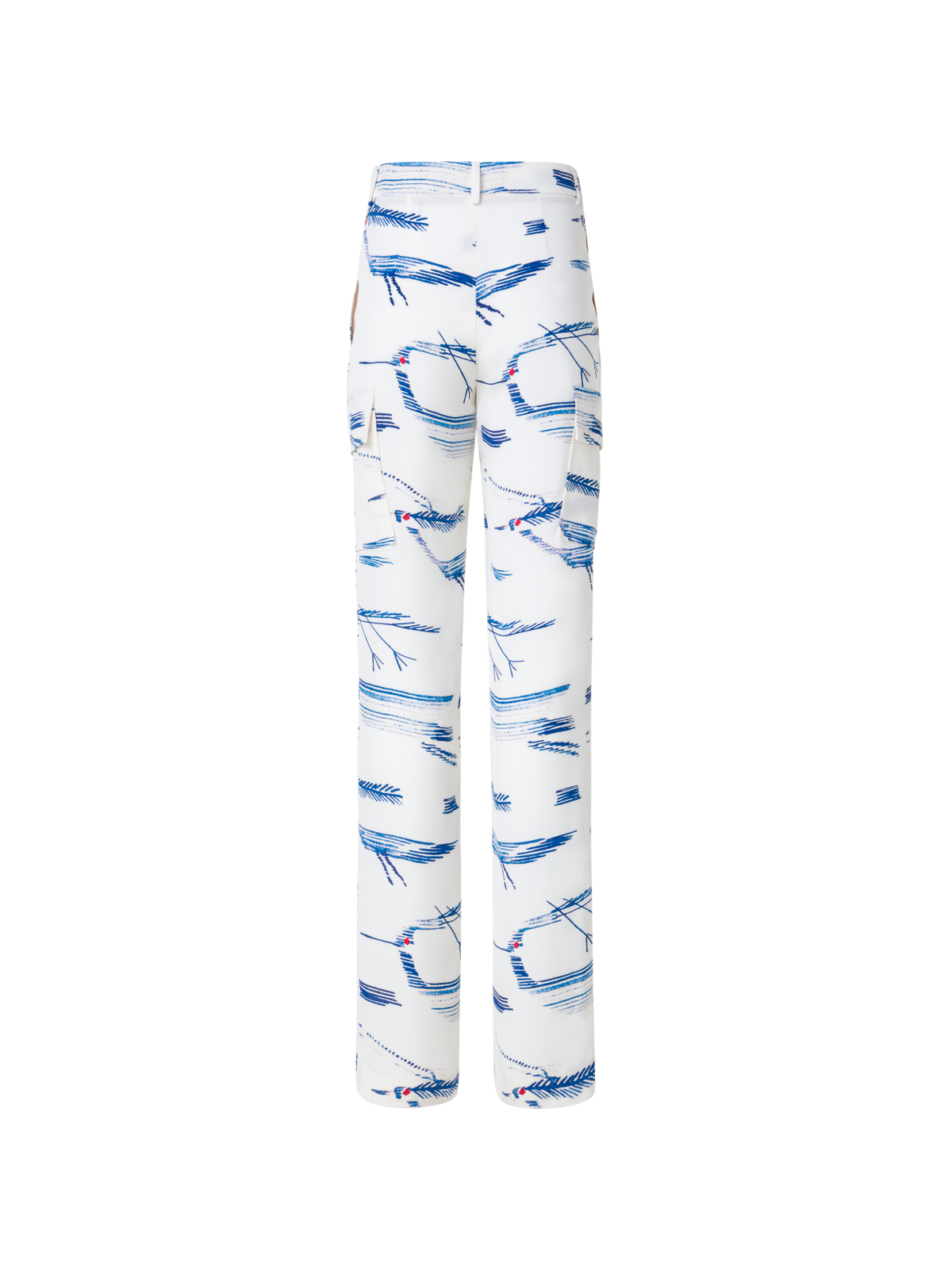 Designer Seiden-Cargo-Hose mit Kasuri Birds Druck - Blau - Bunt - Ecru - Weiss
