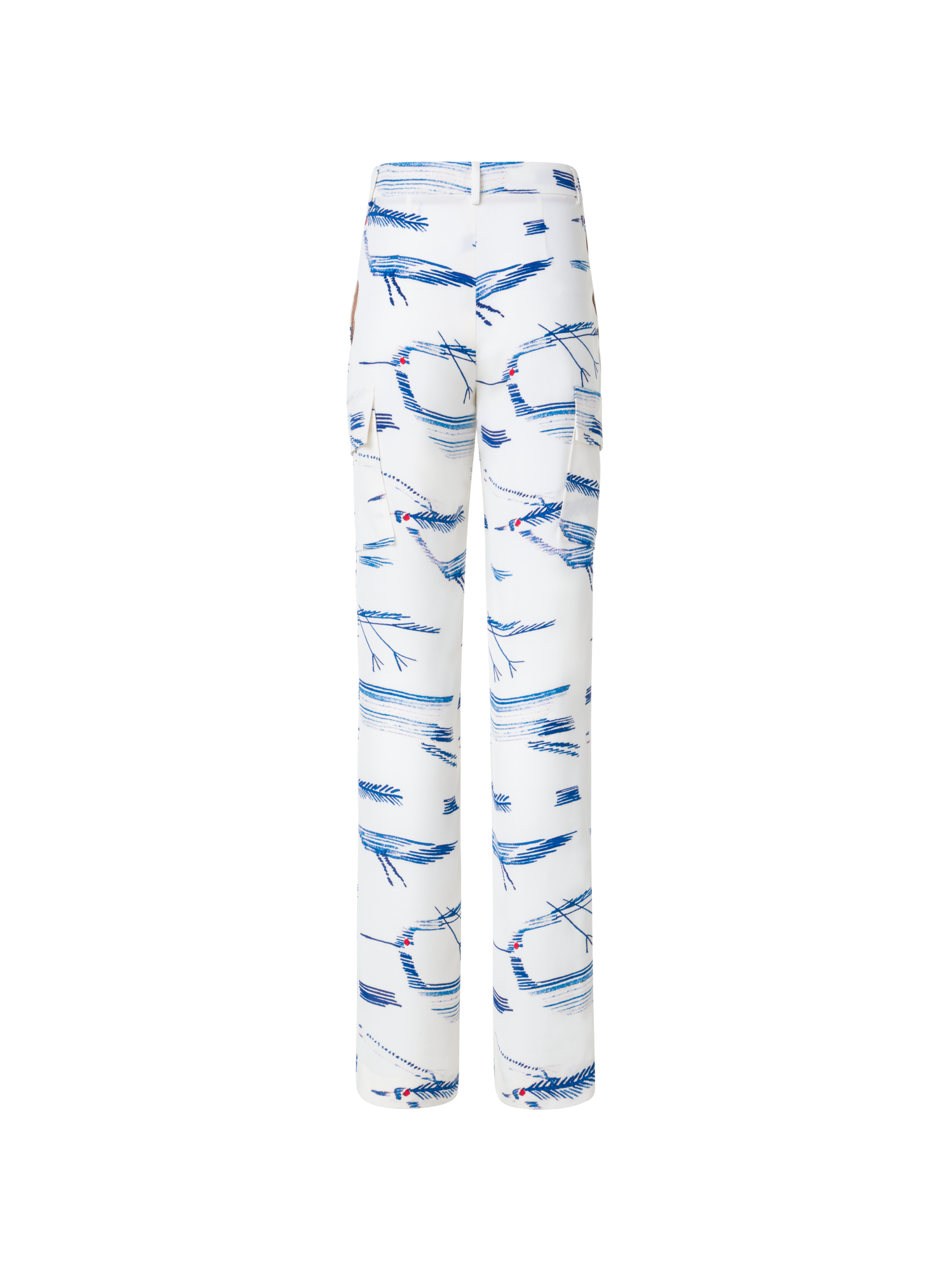 Designer Seiden-Cargo-Hose mit Kasuri Birds Druck - Blau - Bunt - Ecru - Weiss
