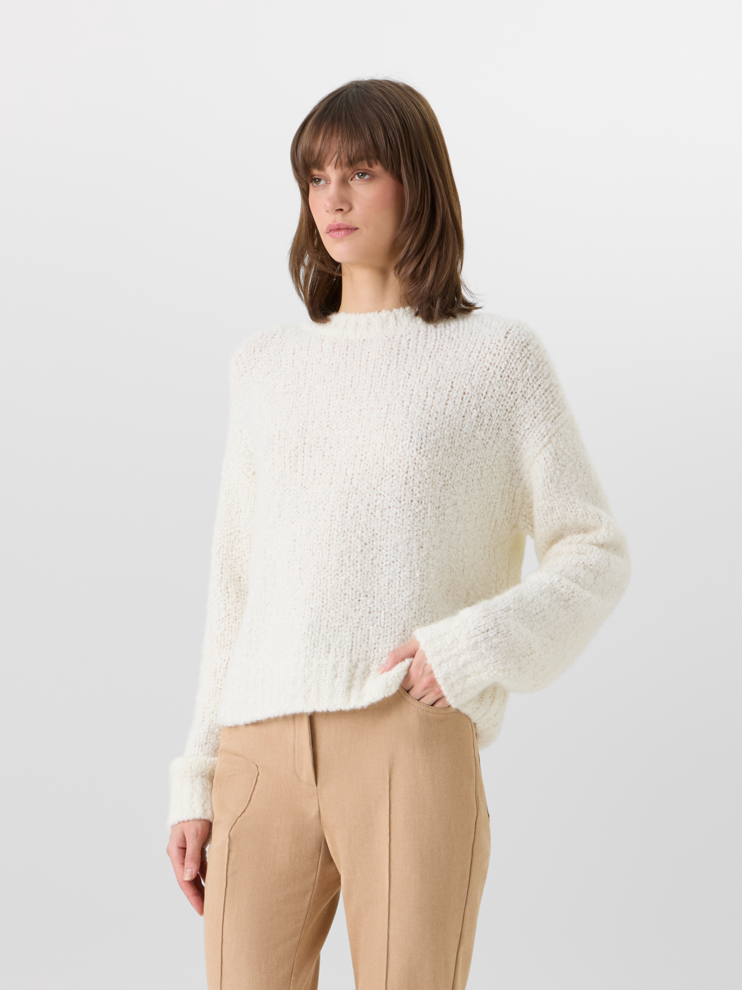 Designer Langärmeliger Strickpullover aus Kaschmir-Seide-Bouclé - Ecru 
