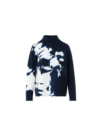 Designer Kaschmir Wildflower Intarsia Stehkragen Pulli - Dunkelblau - Blau - Bunt