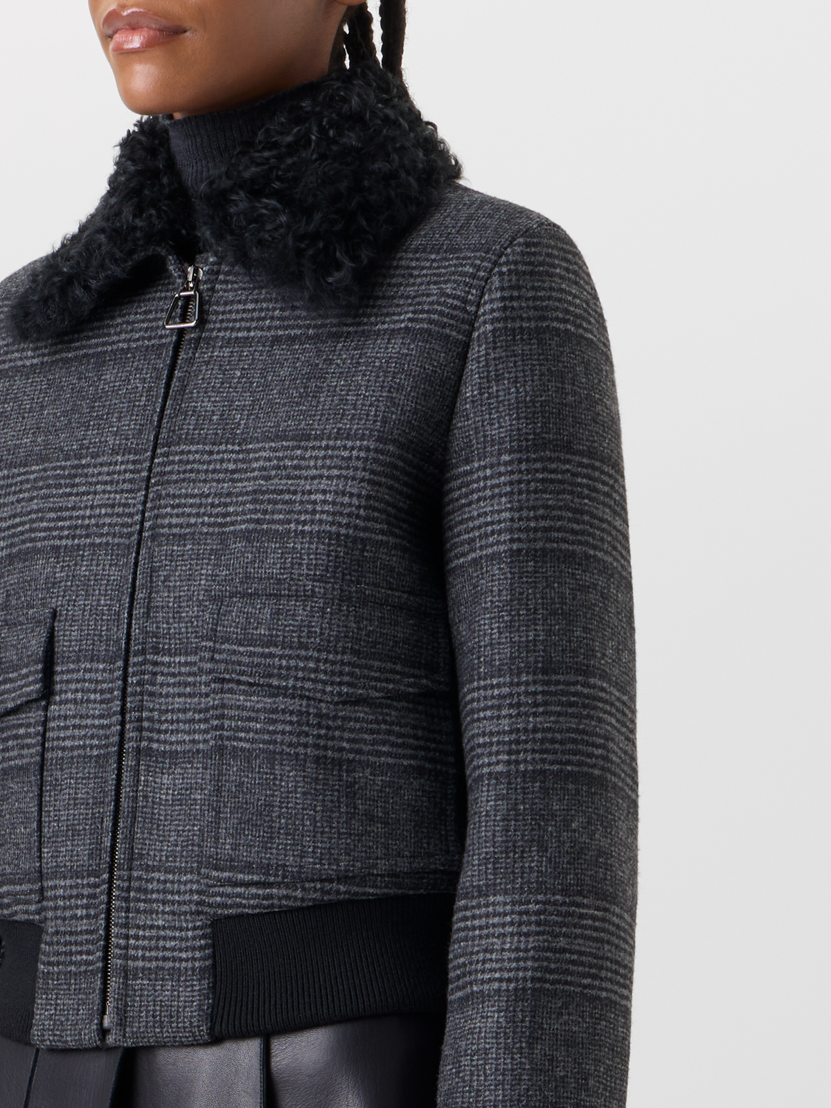 Designer Glencheck-Bomber aus Wolle mit Trapez-Steppung - Schwarz - Bunt - Grau 