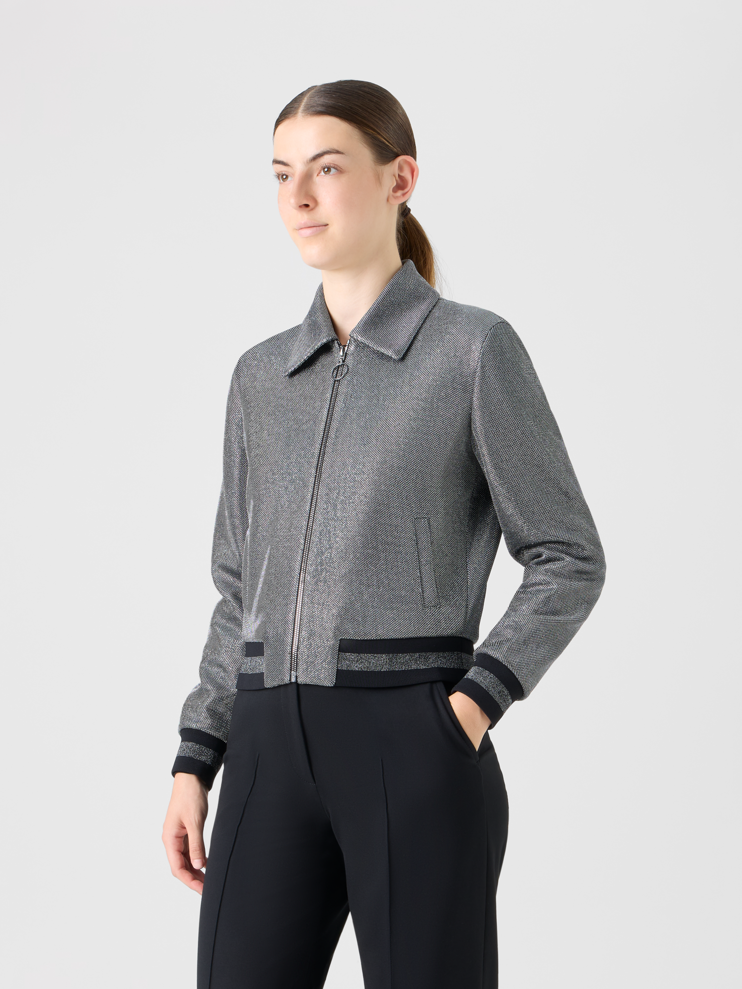 Designer Bomberjacke aus Birdseye-Jersey in Metallic-Optik - Grau 