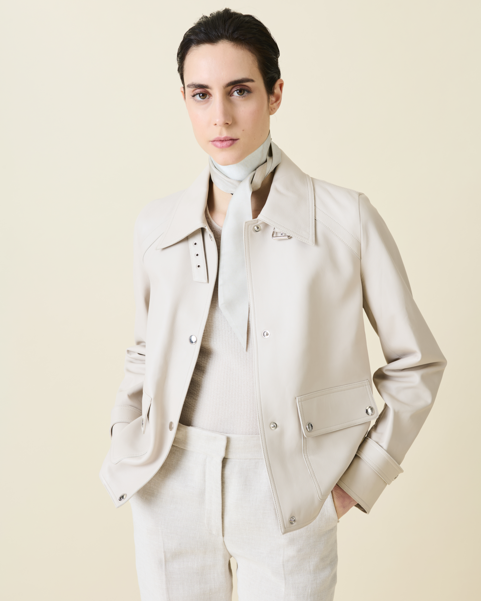 Designer Blouson Lederjacke - Grau - Beige 
