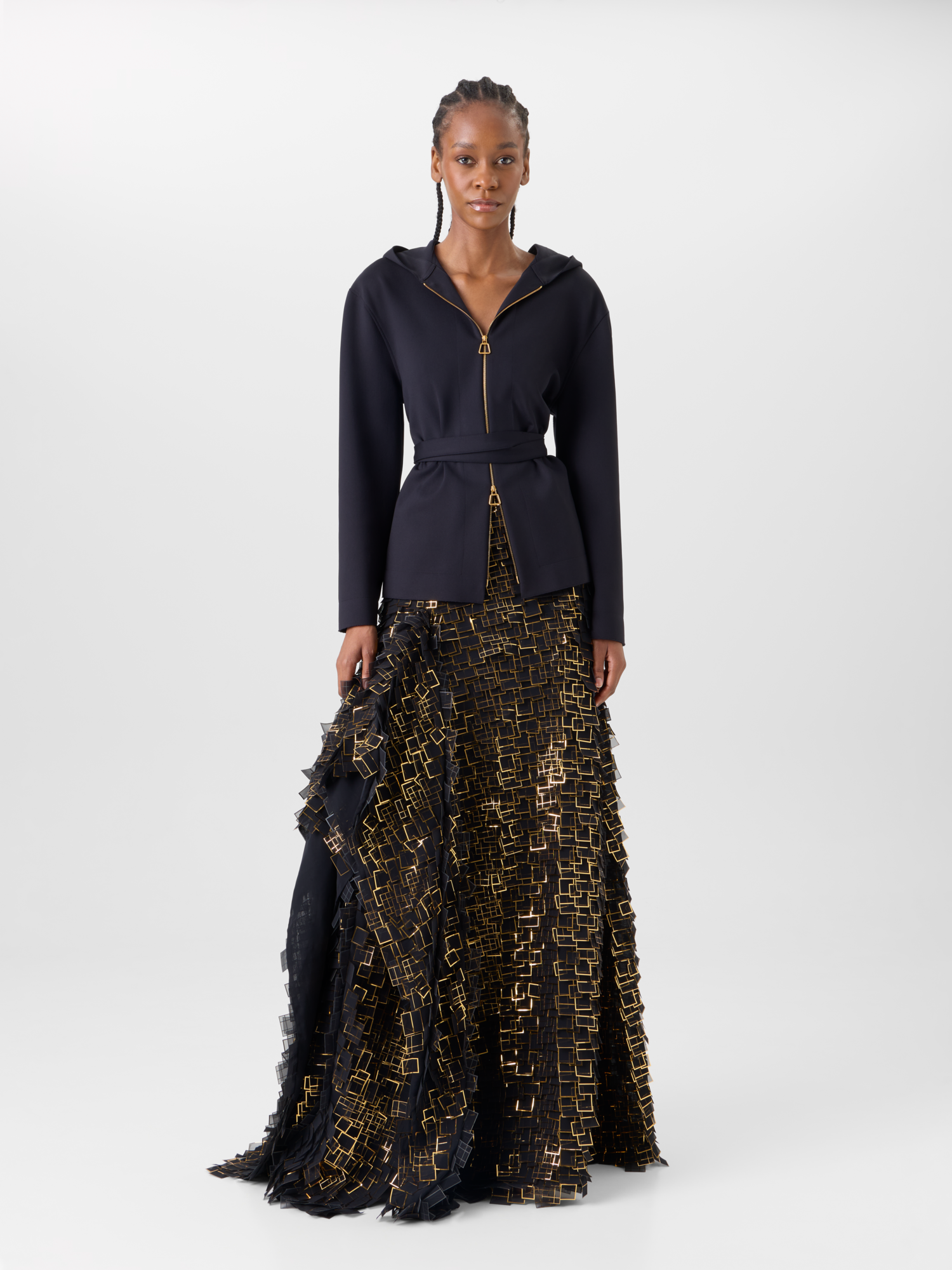 Designer Asymmetrischer Maxirock in Golden Frame Organza Tiles - Gold - Bunt - Schwarz 
