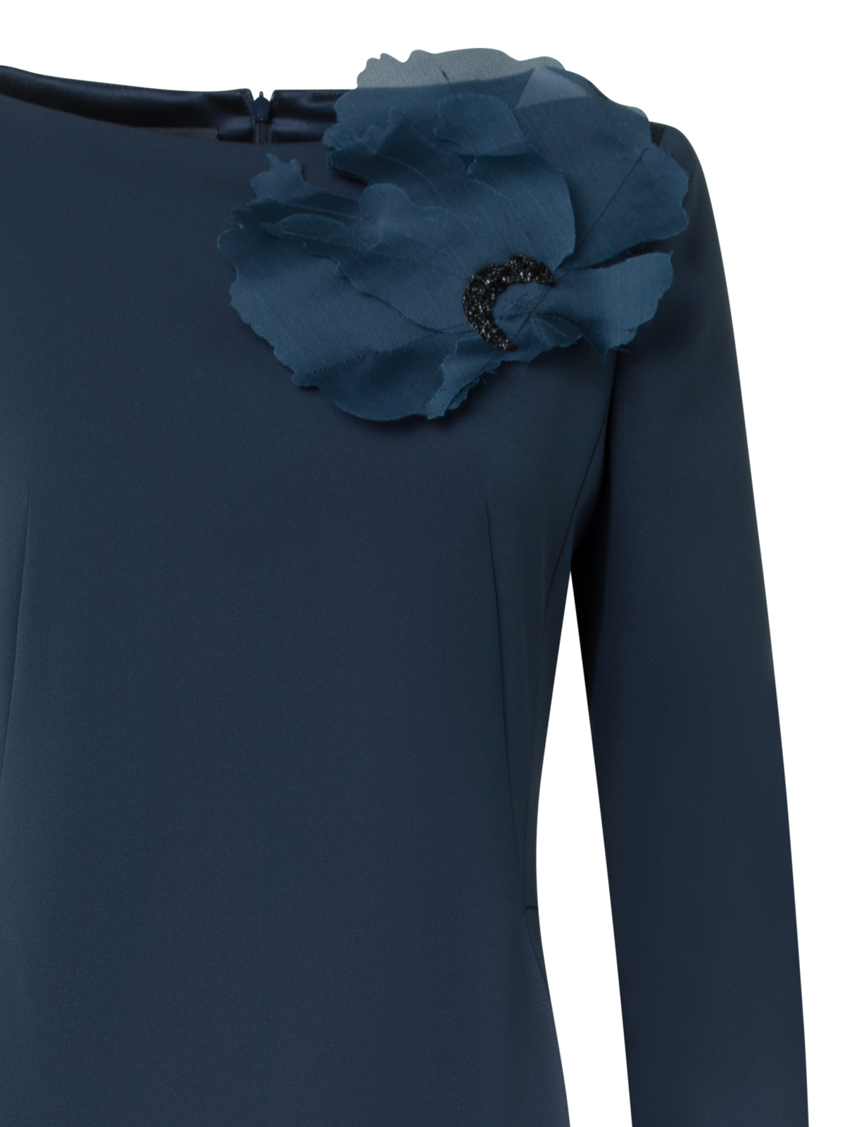 Designer Abendkleid aus Seide mit 3D Anemone - Dunkelblau - Blau