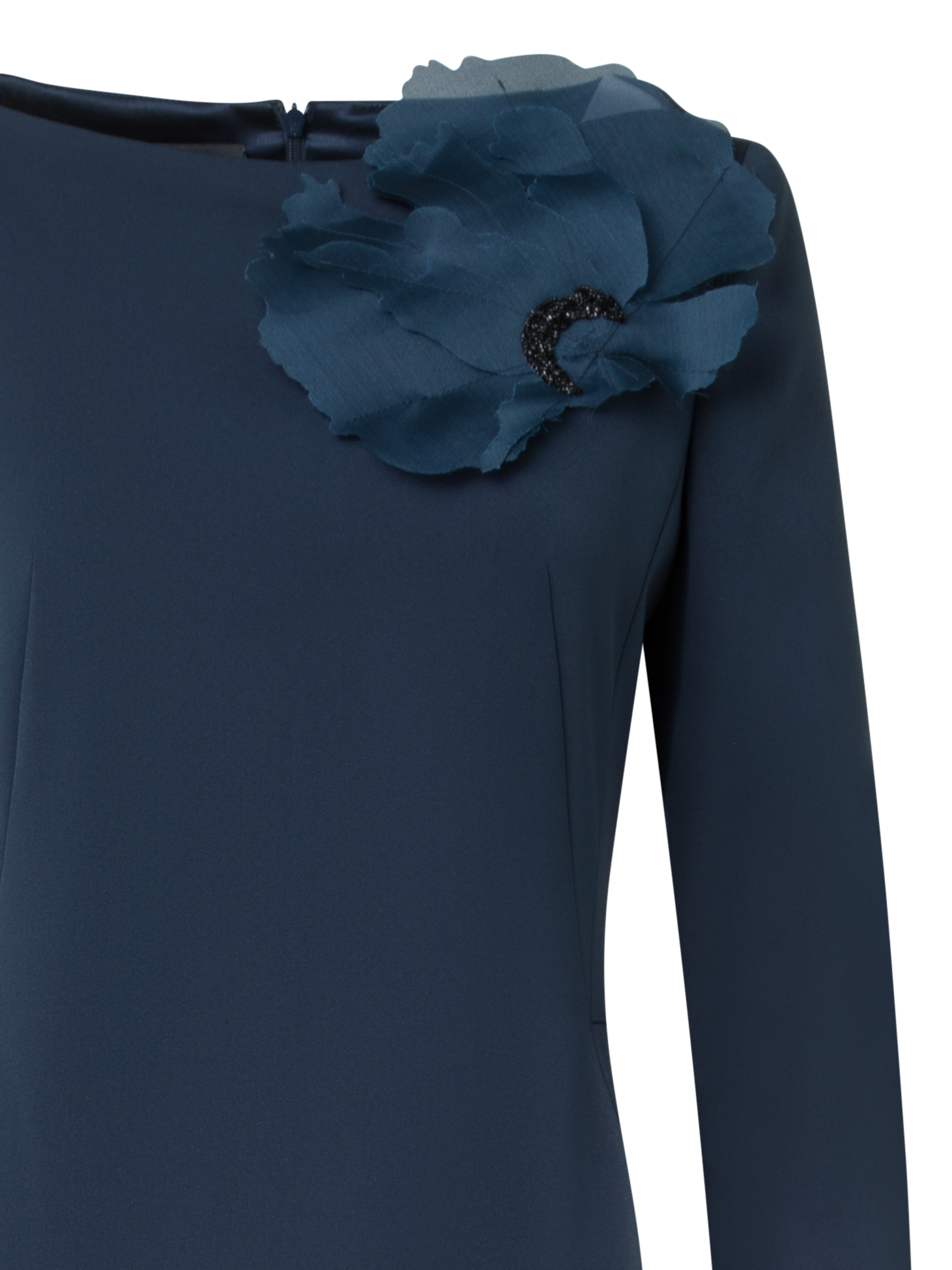 Designer Abendkleid aus Seide mit 3D Anemone - Dunkelblau - Blau