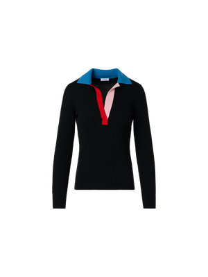 Designer Gerippter Polopullover aus Merinowolle - Schwarz