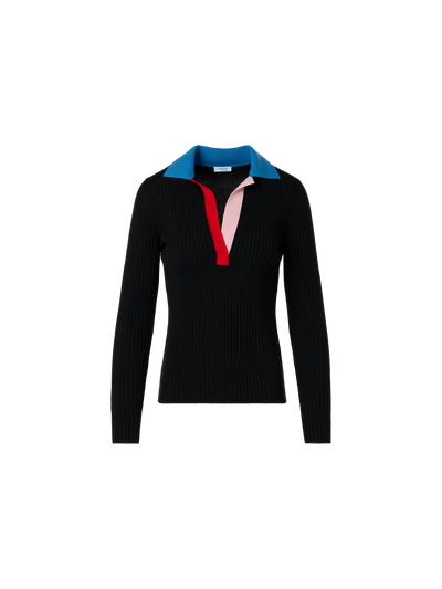 Designer Gerippter Polopullover aus Merinowolle - Schwarz