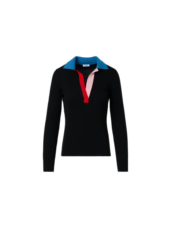 Designer Gerippter Polopullover aus Merinowolle - Schwarz