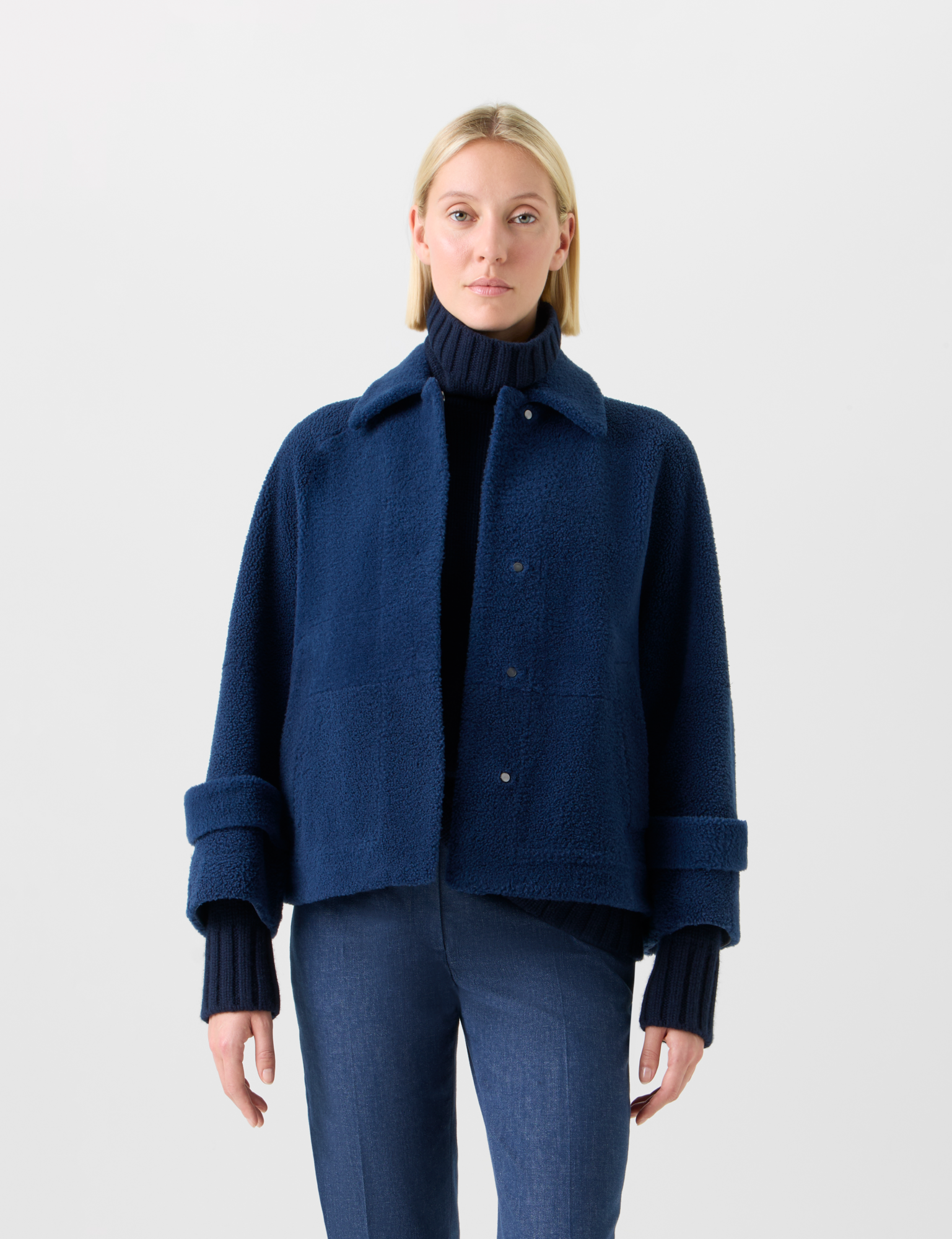 Designer Kurze A-Linien Lammfell Jacke - Dunkelblau - Blau 