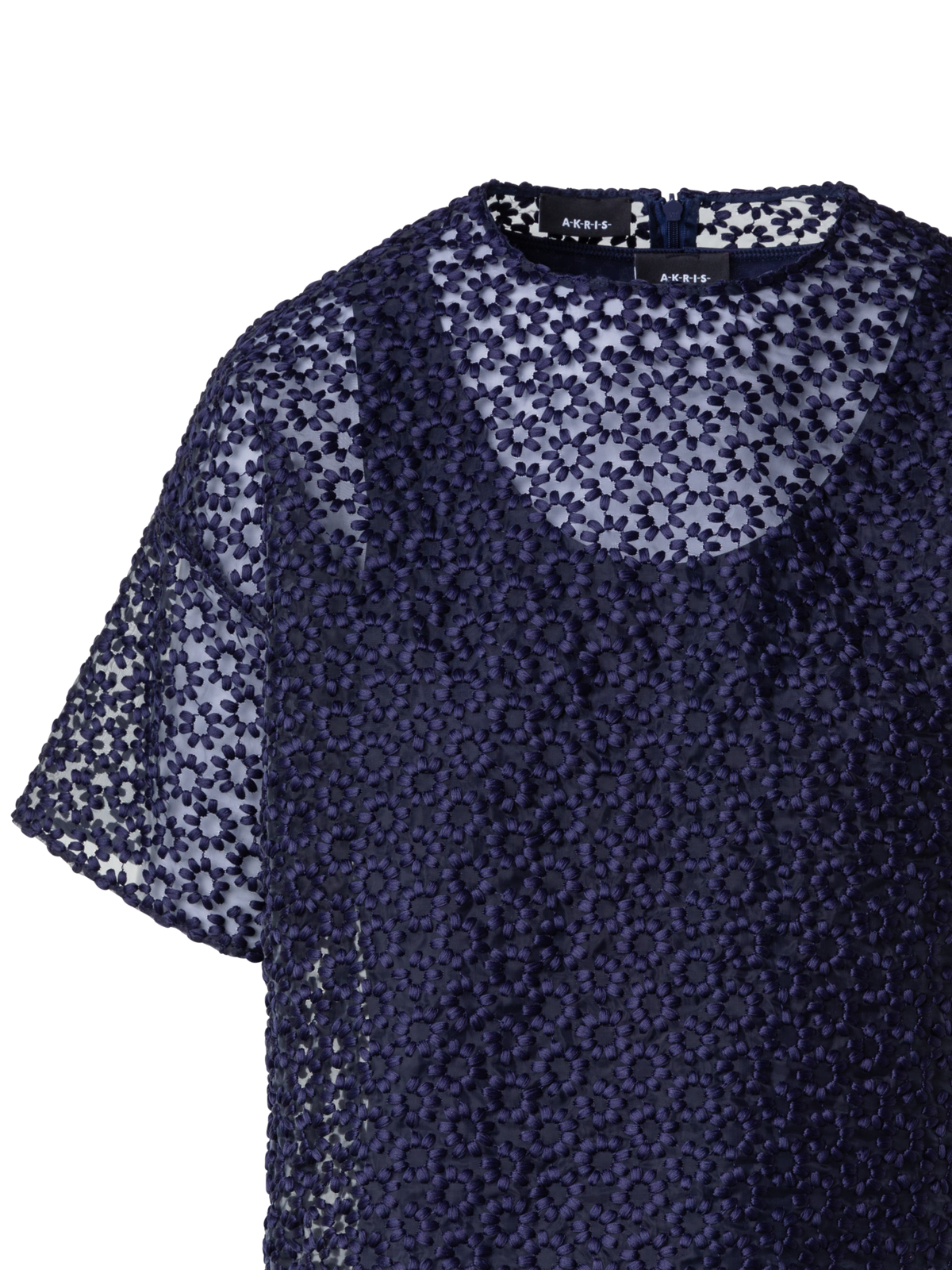Designer Organza Bluse mit St.Gallen Blumenstickerei - Dunkelblau - Blau