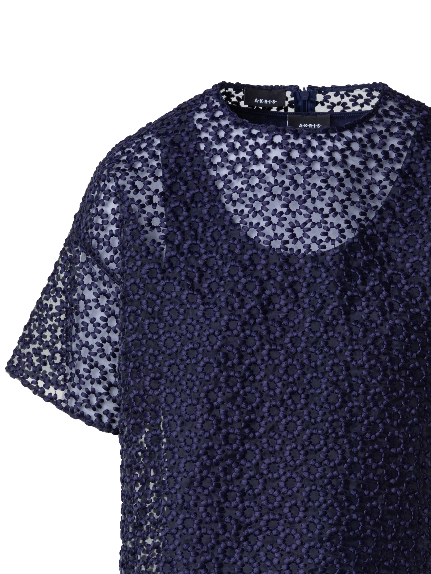 Designer Organza Bluse mit St.Gallen Blumenstickerei - Dunkelblau - Blau