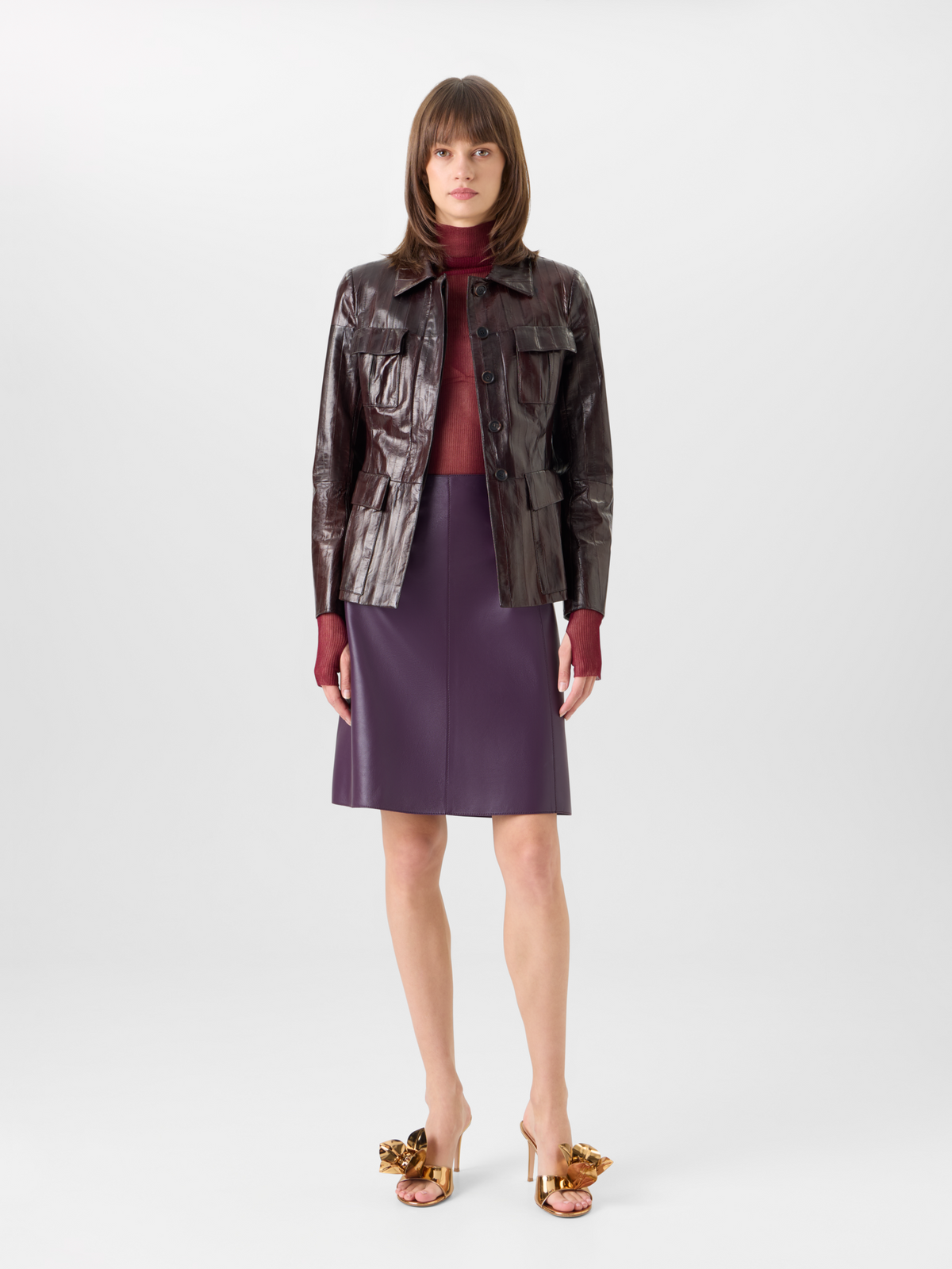 Designer Taillierte Jacke aus lackiertem Aalleder - Braun #editorial