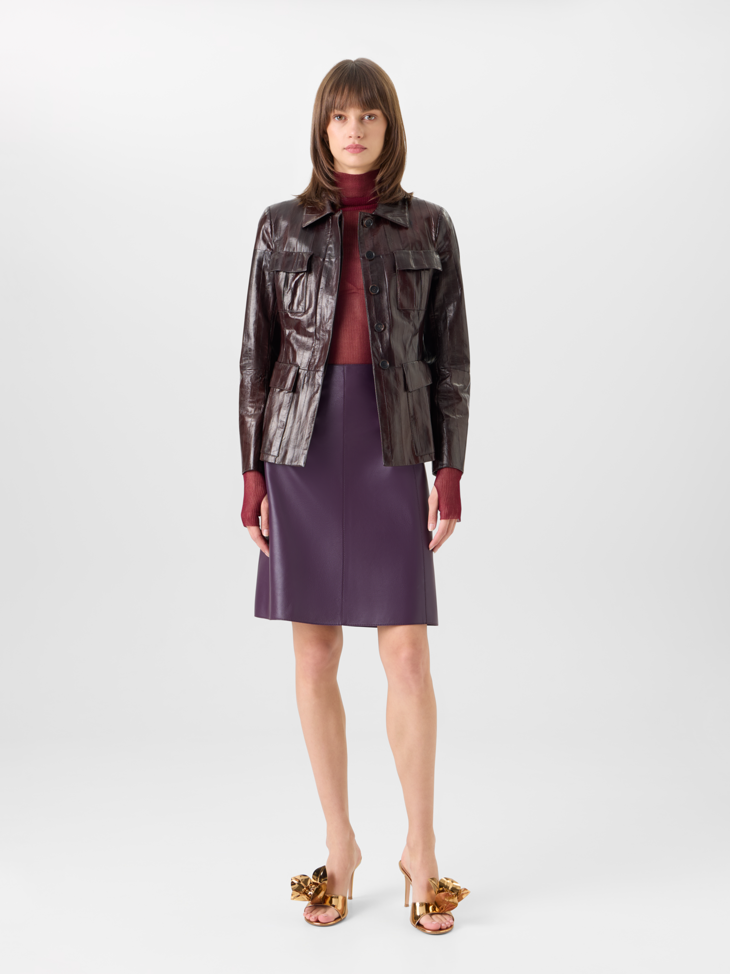 Designer Taillierte Jacke aus lackiertem Aalleder - Braun 