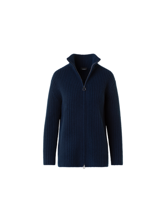 Designer Kaschmir Stehkragen Grobstrick Cardigan - Dunkelblau - Blau