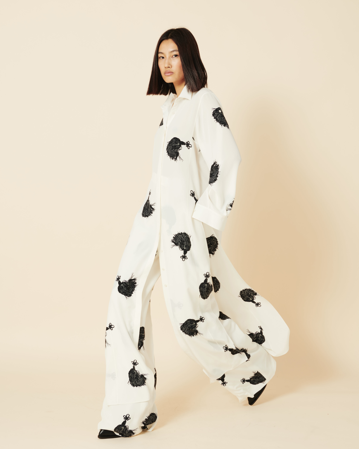 Designer Langes Seiden-Tunikakleid mit Quasten-Druck - Bunt - Ecru - Weiss #editorial