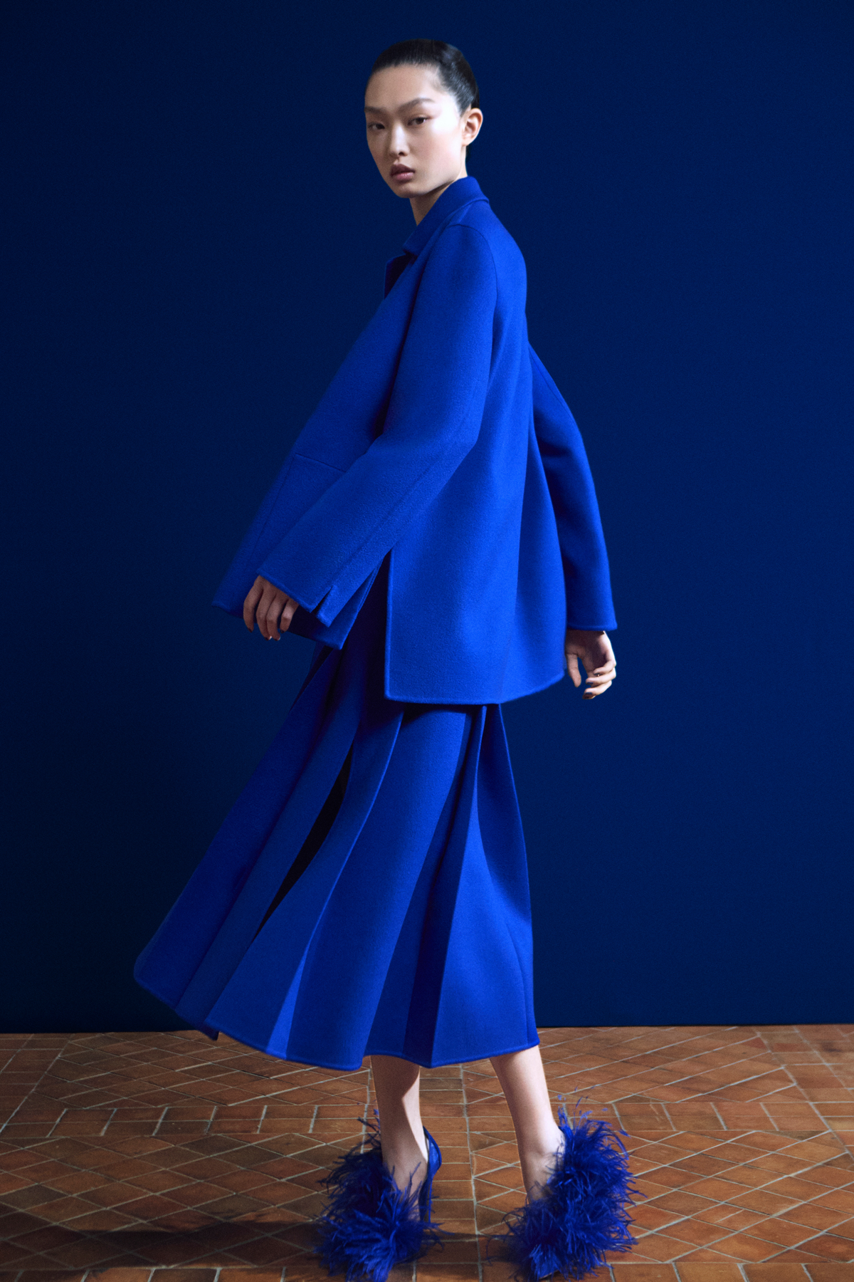 Designer Plissierter Wollflanell Doubleface Midirock - Blau #editorial