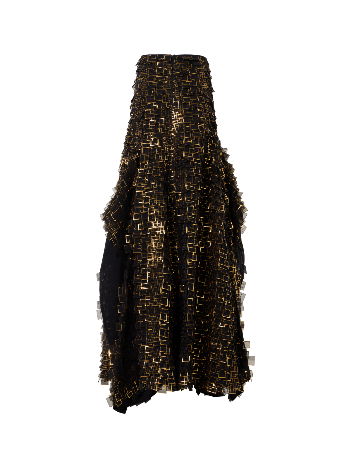 Designer Asymmetrischer Maxirock in Golden Frame Organza Tiles - Gold - Bunt - Schwarz