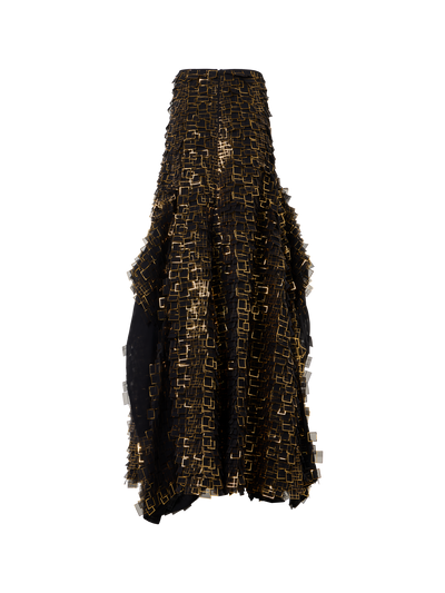 Designer Asymmetrischer Maxirock in Golden Frame Organza Tiles - Gold - Bunt - Schwarz