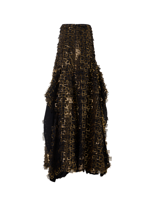 Designer Asymmetrischer Maxirock in Golden Frame Organza Tiles - Gold - Bunt - Schwarz