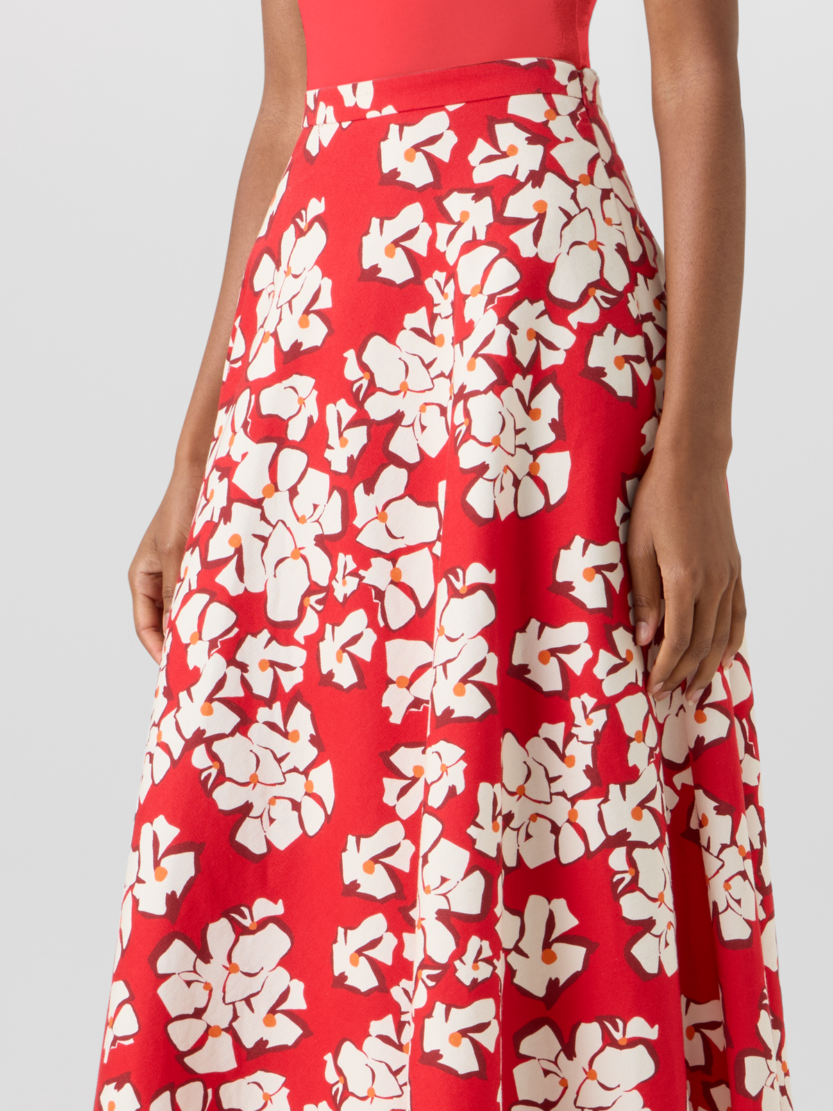 Designer Ausgestellter Midi-Rock mit Papercut Flower Print - Rot #editorial