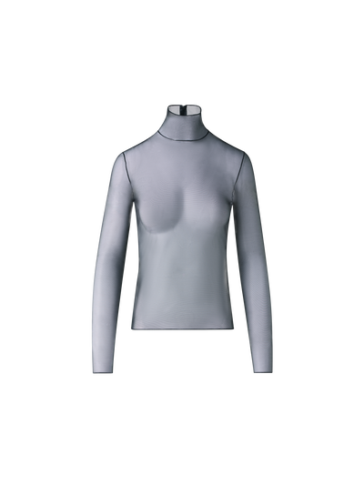 Designer Transparentes Stretch-Tüll-Top mit Stehkragen - Schwarz