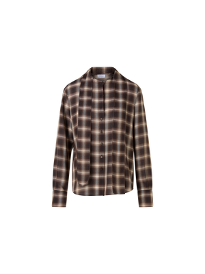 Designer Karierte Bluse in Woll-Shelley mit Schleifenkragen - Braun - Bunt