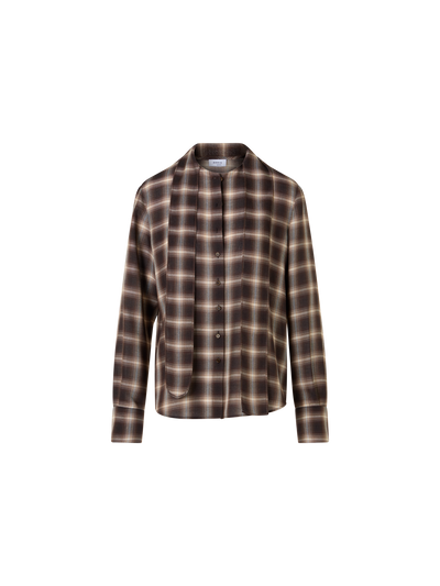 Designer Karierte Bluse in Woll-Shelley mit Schleifenkragen - Braun - Bunt