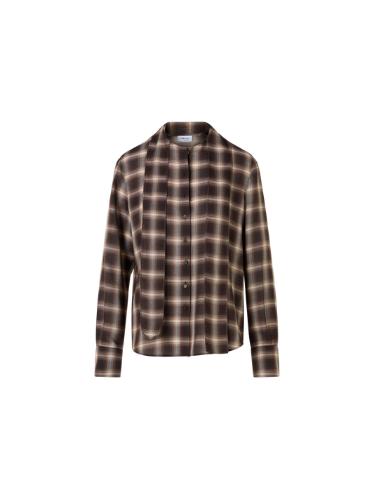 Designer Karierte Bluse in Woll-Shelley mit Schleifenkragen - Braun - Bunt