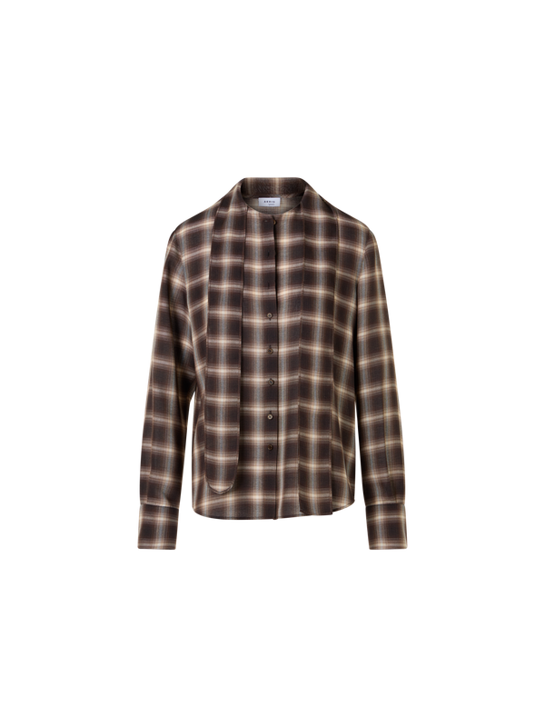 Designer Karierte Bluse in Woll-Shelley mit Schleifenkragen - Braun - Bunt