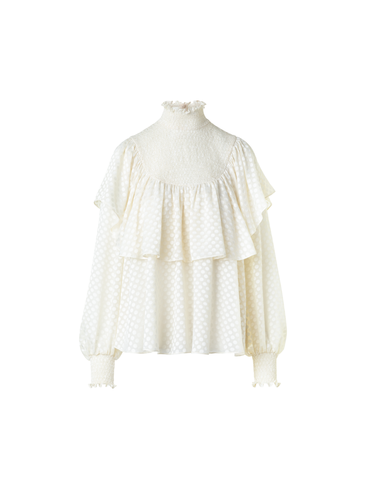 Designer Boho Bluse mit Smok und Rüschen Schultern - Ecru - Weiss