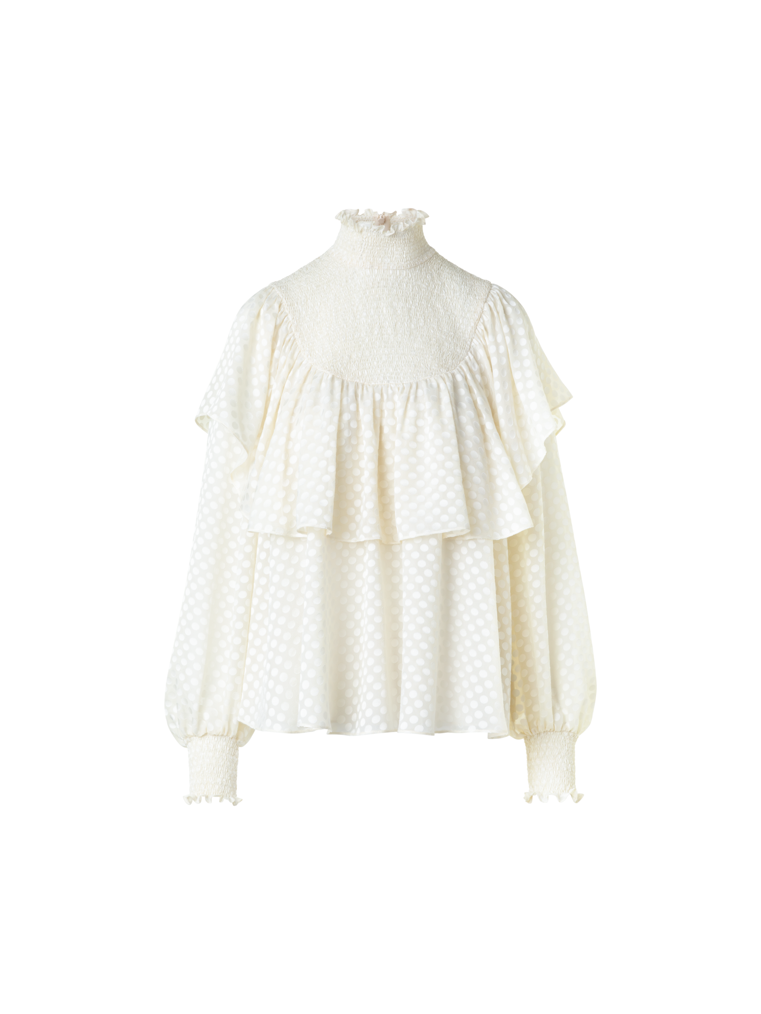 Designer Boho Bluse mit Smok und Rüschen Schultern - Ecru - Weiss