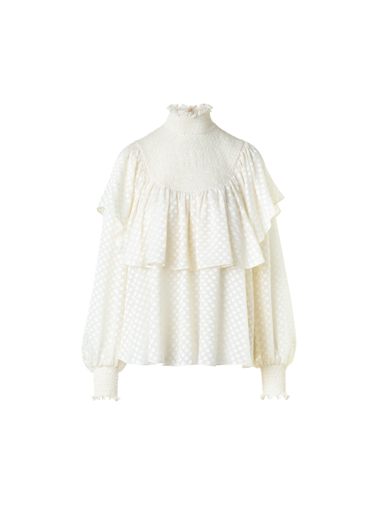 Designer Boho Bluse mit Smok und Rüschen Schultern - Ecru - Weiss