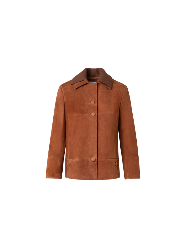 Designer Kurze Lederjacke mit Strickkragen - Braun