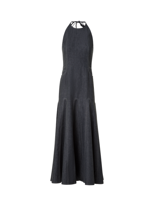 Designer Midi-Denim-Halterkleid - Schwarz