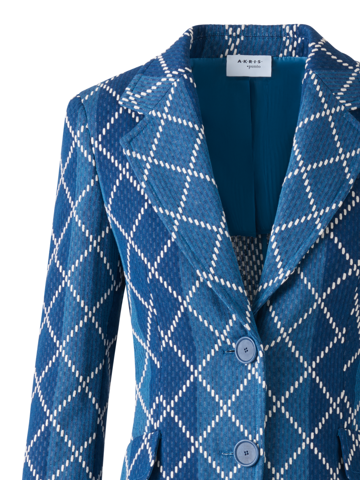 Designer Langer Baumwoll-Blazer mit Diamant-Jacquard - Blau - Bunt