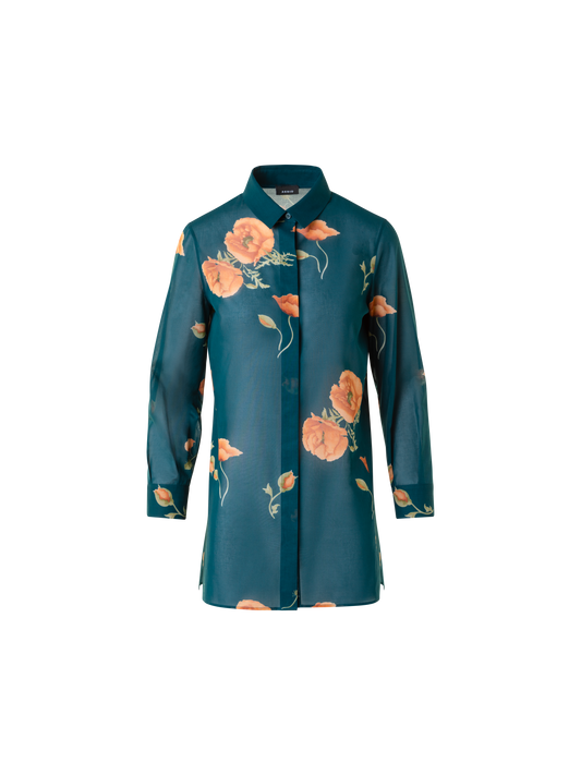 Designer Baumwoll-Tunika-Bluse mit Anemone Druck - Grün - Bunt