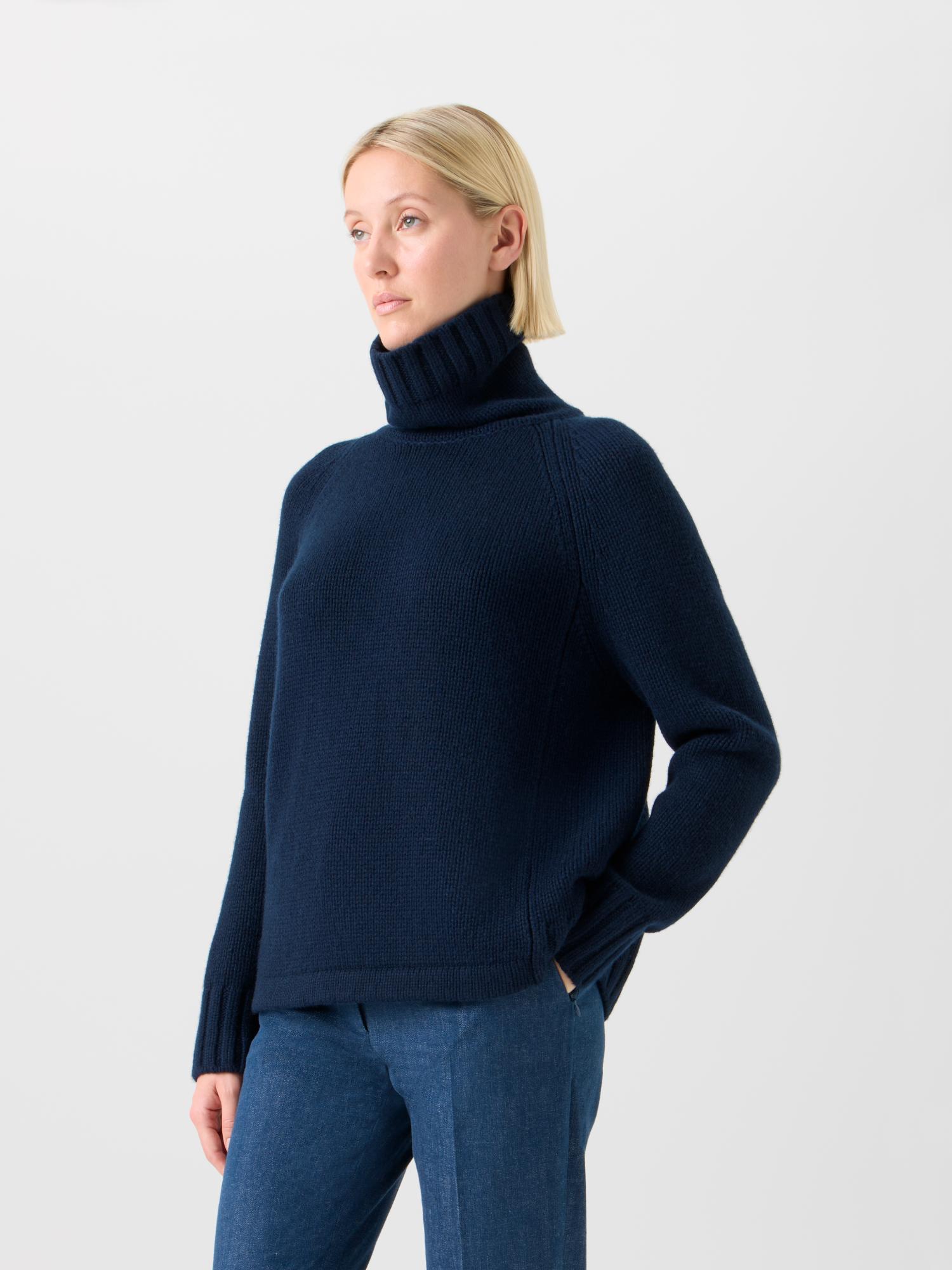 Designer Boxy Kaschmir Rollkragen Pullover - Dunkelblau - Blau 