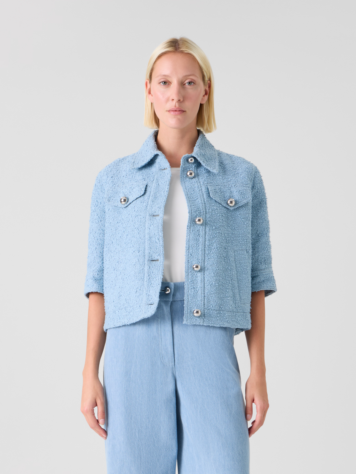 Designer Kurze Sommer-Jacke aus Bouclé-Baumwolle - Blau